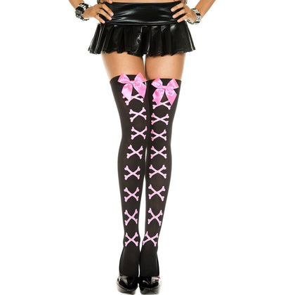 Cross Bone and Satin Bow Opaque Thigh Hi - One Size - Black / Pink