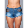 Denim Shorts With Fishnet Top Trimming and Fringe  Bottom Details - Small