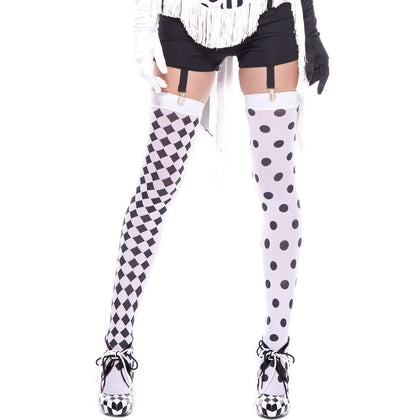 Diamond Design and Polka Dot Harlequin Thigh Hi - White / Black