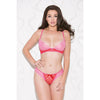 Dot Mesh and Lace Bra Set - One Size - Pink/red