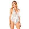 Eyelash Lace Halter Bodysuit With Functional Ties and Back Zipper - White - Large/extra Large
