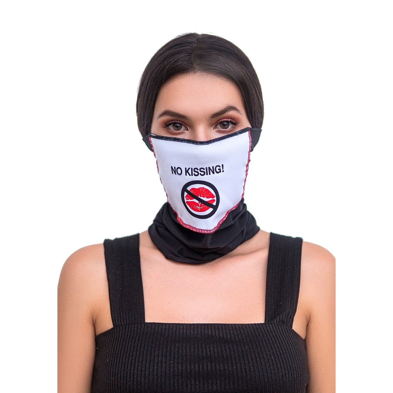 Face/ Neck Bandana Reversable- Black/ Red Lips Print