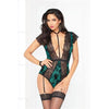 Flocked Mesh Bodysuit W/garter - Green - Large