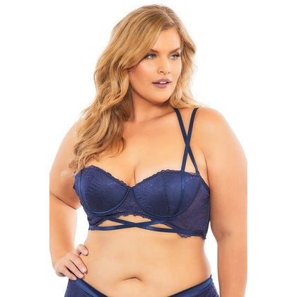 Lace Push Up Balconette Bra With Crossing Halter Straps - Estate Blue - 1x