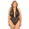 Mesh Plunge Halter Teddy - Queen Size - Black