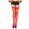 Satin Bow Fishnet Thigh Hi - One Size - Red