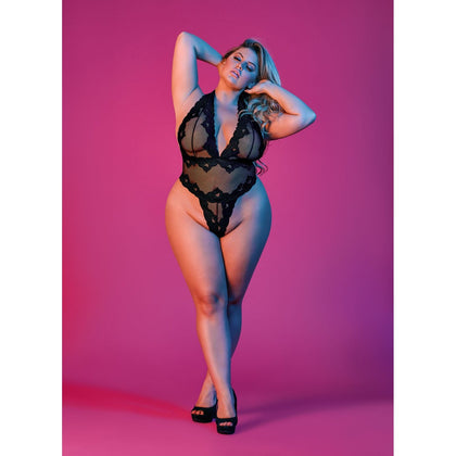 Sexy Time Deep Plunge Halter Teddy - Black - 1x-3x